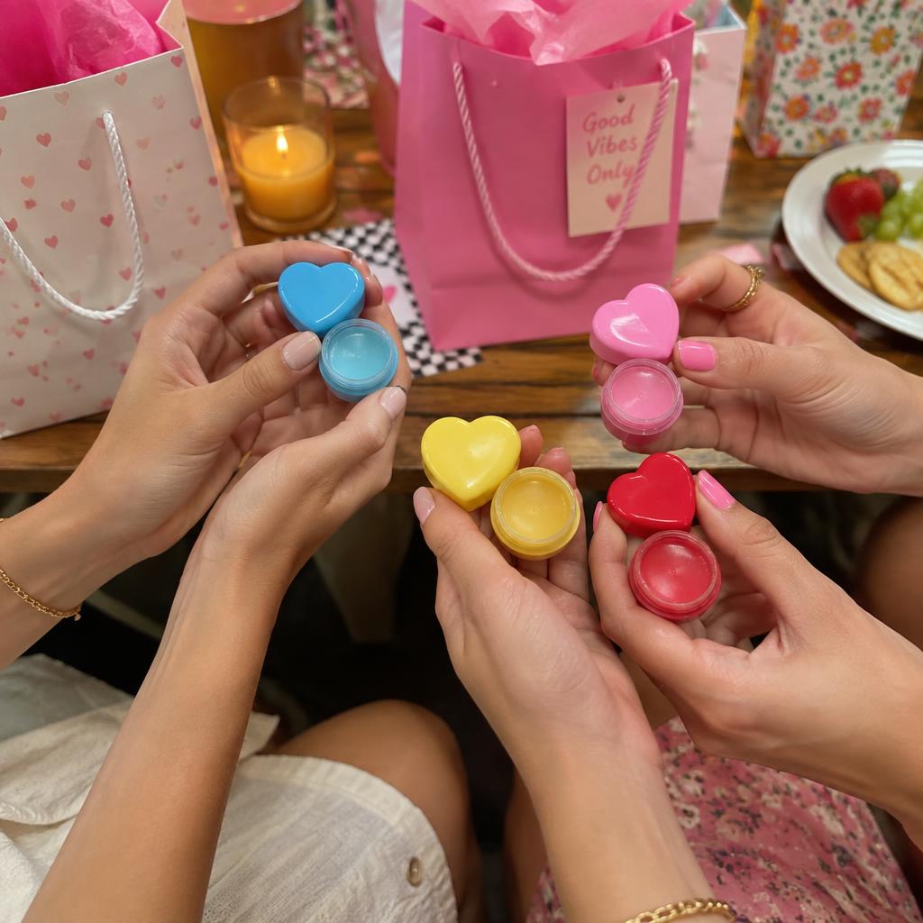 Friends holding colourful lip balms